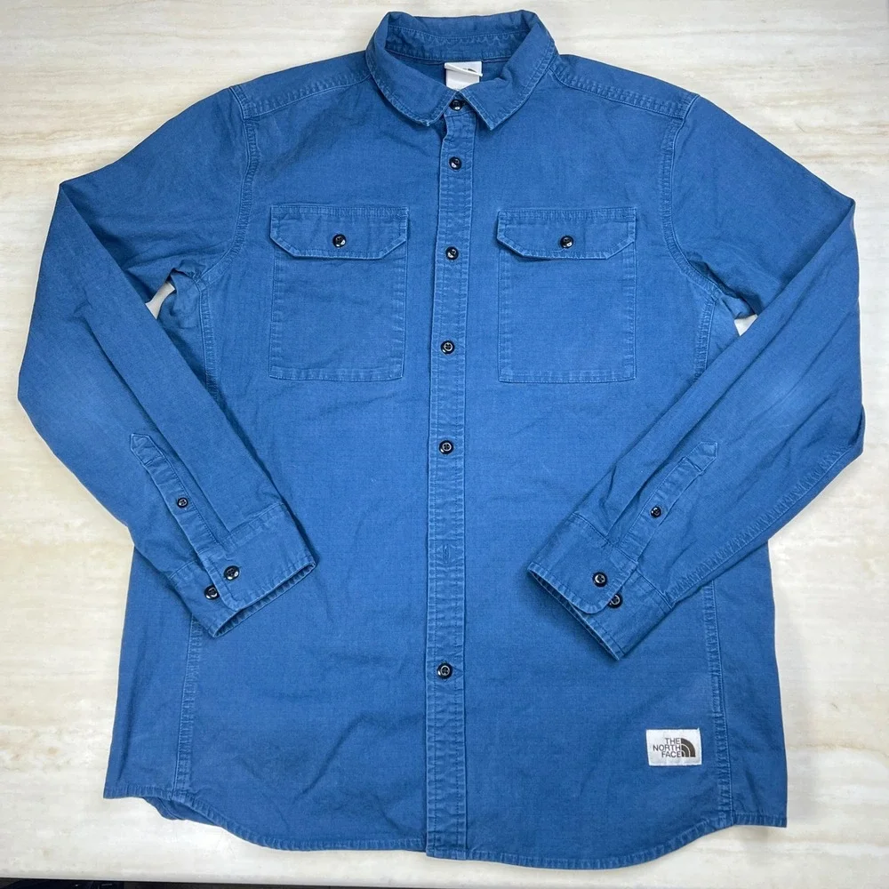 The North Face Mens Blue Ripstop Long Sleeve Button Down Utility Shirt Large